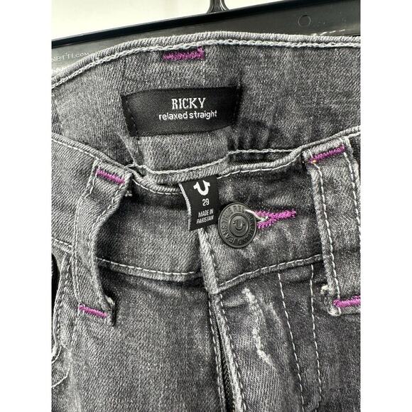 True Religion Men's Ricky Relaxed Straight Black & Purple Distressed Jeans 29x32 - Picture 6 of 8